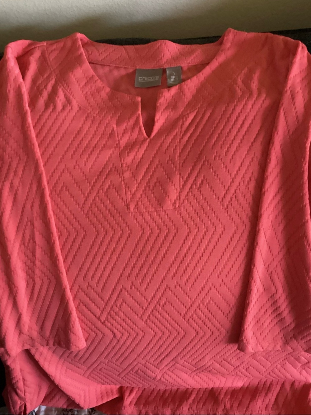 Chico's Coral Textured V-Notch Long Sleeve Top